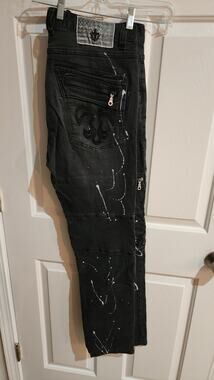 Laguna Beach Jeans Co Men 36 Black Moto Biker Paint Splatter Fleur De Lis